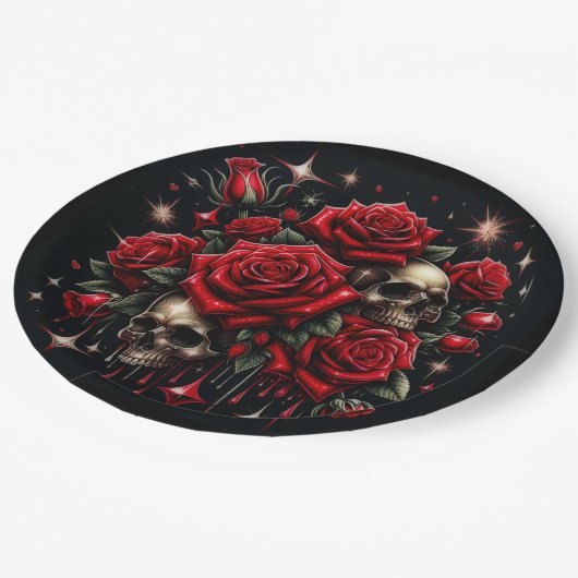 Goldene Skulls & Rote Rosen Sparkle Gotische Glamo Pappteller (Schrägansicht)