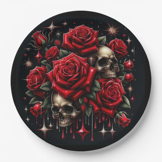 Goldene Skulls & Rote Rosen Sparkle Gotische Glamo Pappteller (Vorderseite)