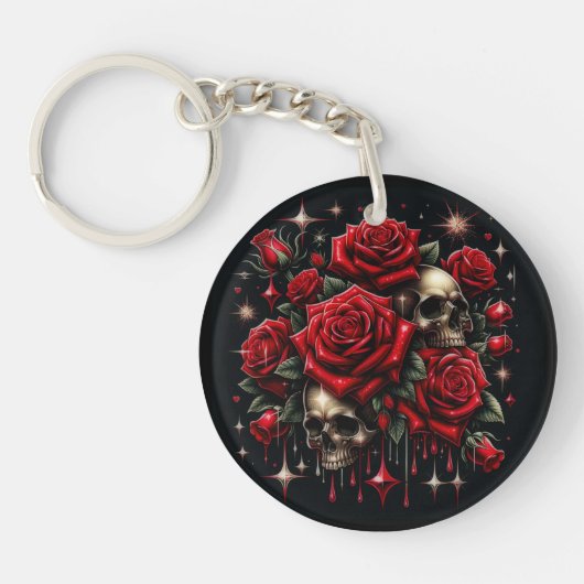 Goldene Skulls & Rote Rosen Sparkle Gotische Glamo Schlüsselanhänger (Vorderseite)