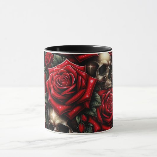 Goldene Skulls & Rote Rosen Sparkle Gotische Glamo Tasse (Zentrum)