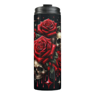 Goldene Skulls & Rote Rosen Sparkle Gotische Glamo Thermosbecher