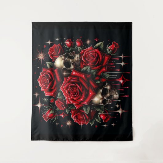 Goldene Skulls & Rote Rosen Sparkle Gotische Glamo Wandteppich (Vorderseite)