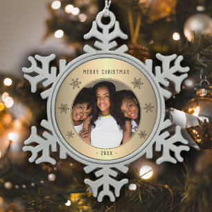 Goldene Snowflake Metallisches Familienfest Foto Schneeflocken Zinn-Ornament