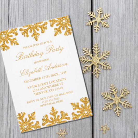Goldene Snowflake WinterGeburtstagsparty Einladung