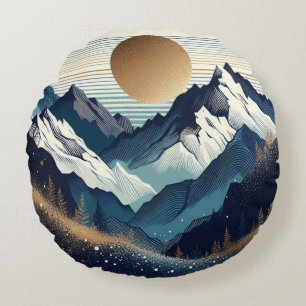 Goldene Sonne über Bergspitzen Rundes Kissen
