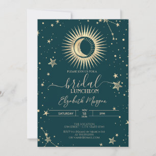 Goldene Sonne und Mond Sterne Grüne Hochzeitslunch Einladung