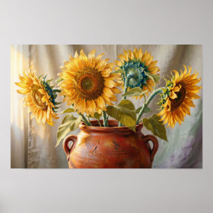 Goldene Sonnenblumen in Terrakotta-Vase Fine Art P Poster