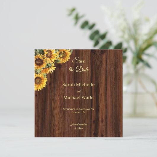 Goldene Sonnenblumen rustikal Save the Date einlad (Stehend Vorderseite)