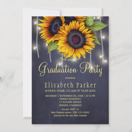 Goldene Sonnenblumen rustikale Lichter Abschlussfe Einladung (Vorderseite)