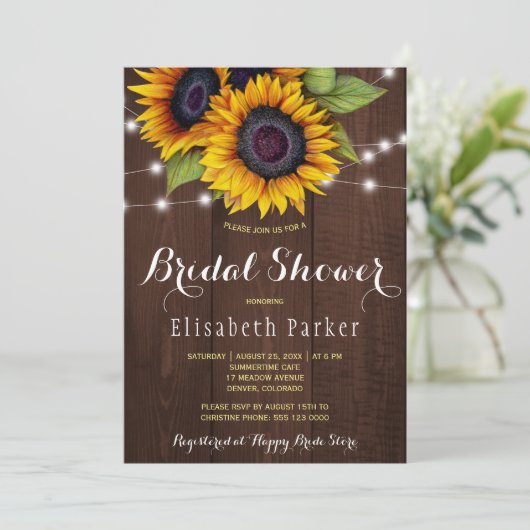 Goldene Sonnenblumen rustikales Brautparty aus Sta Einladung (Stehend Vorderseite)