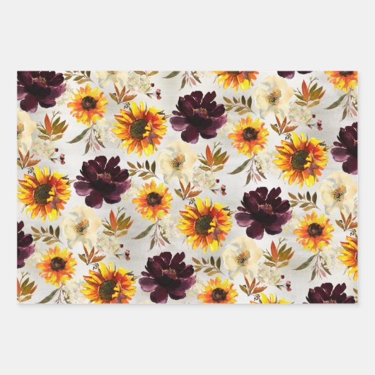 Goldene Sonnenblumen und Bordeaux Weinkultur und E Geschenkpapier Set (Vorderseite)