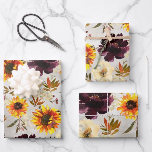 Goldene Sonnenblumen und Bordeaux Weinkultur und E Geschenkpapier Set (Vorderseite)
