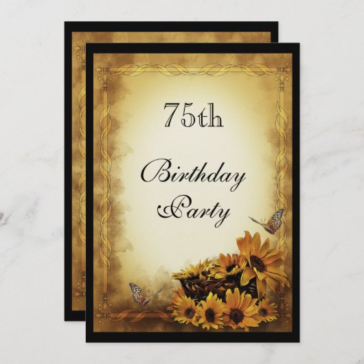 Goldene Sonnenblumen und Schmetterlinge 75. Geburt Einladung (Vorne/Hinten)