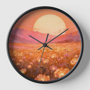 Goldene Sonnenuntergangs-Blumenwanduhr Uhr