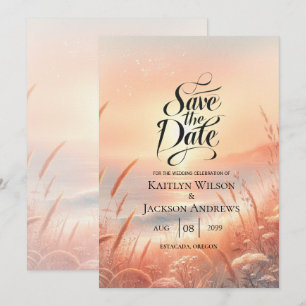 Goldene Sonnenuntergangs-Wiesenstrandhochzeit Save The Date