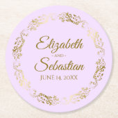 Goldene Spitze auf Lila Lilac Hochzeit Runder Pappuntersetzer (Vorderseite)