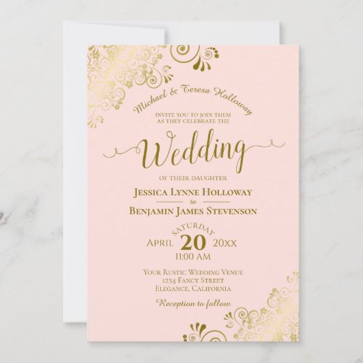 Goldene Spitze auf Rosa Rosa Elegante feierliche H Einladung (Vorderseite)