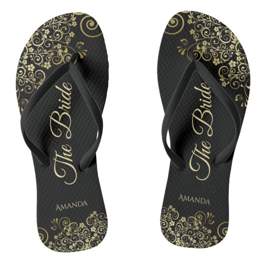 Goldene Spitze auf Schwarz The Bride Elegante Hoch Badesandalen (Fußbett)