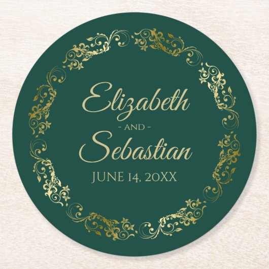 Goldene Spitze auf Smaragdgrüner Hochzeit Runder Pappuntersetzer (Vorderseite)