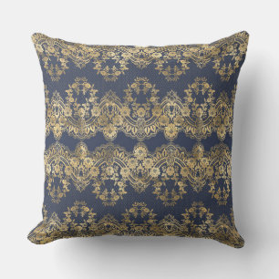 Goldene Spitze, Muster, dunkelblau, elegant, Muste Kissen