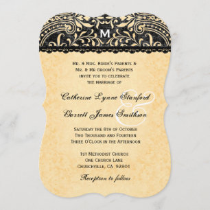Goldene Spitze und schwarze Vintage-Damask-Hochzei Einladung