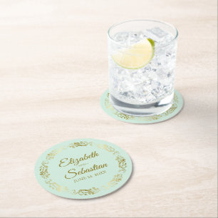 Goldene Spitzen auf blassminziger, grüner Hochzeit Runder Pappuntersetzer