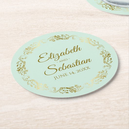 Goldene Spitzen auf blassminziger, grüner Hochzeit Runder Pappuntersetzer (Angewinkelt)