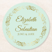 Goldene Spitzen auf blassminziger, grüner Hochzeit Runder Pappuntersetzer (Vorderseite)