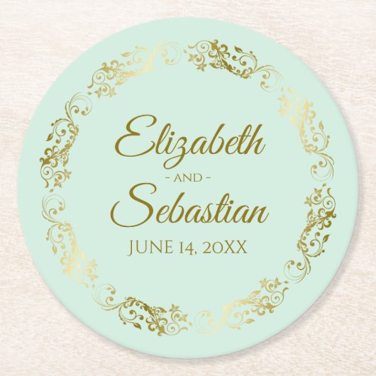 Goldene Spitzen auf blassminziger, grüner Hochzeit Runder Pappuntersetzer (Vorderseite)