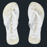 Goldene Spitzen auf einer Trauzeugin mit weißer El Badesandalen<br><div class="desc">Diese wunderschönen Hochzeitskippen sind eine großartige Möglichkeit, Ihre Trauzeugin zu danken und zu erkennen, während sie gleichzeitig ihre Füße rette. Das elegante Design mit goldenen Spitzen-Frills auf weißem Hintergrund und extravagant goldfarbenen Schriftzeichen. Der Test liest Trauzeugin mit ihrem Namen unten. Ein guter Weg, ihr zu danken, dass sie Teil Ihres...</div>