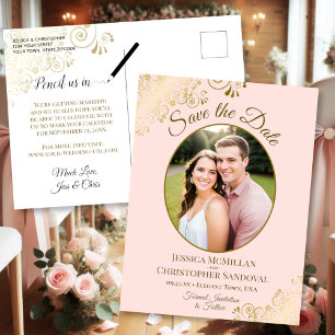 Goldene Spitzen auf rosa Hochzeit Sichern Sie das Ankündigungspostkarte