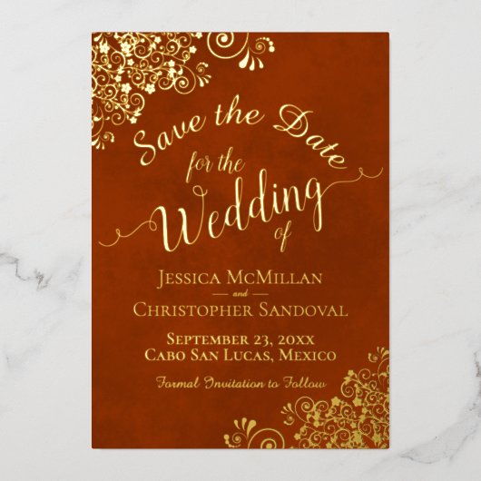 Goldene Spitzen auf Rostorn Hochzeit Sichern Sie d Folieneinladung (Vorderseite)