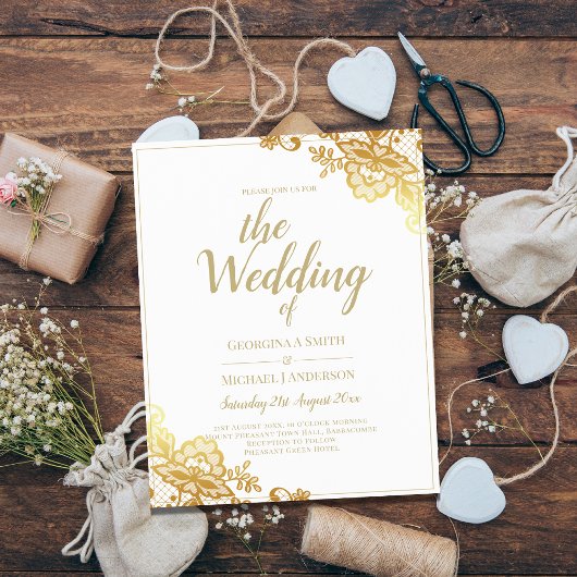 Goldene Spitzen Weiße Hochzeit Einladung Elegante