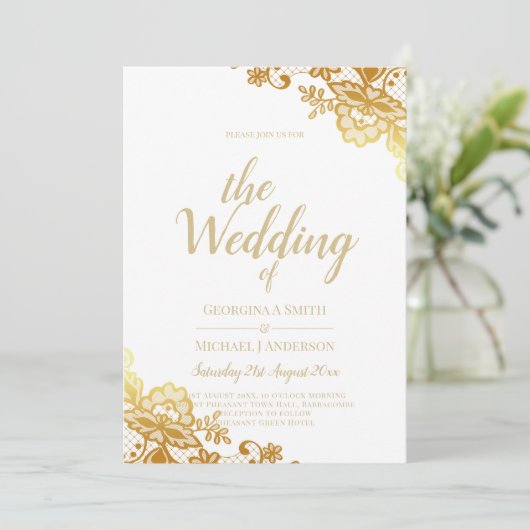 Goldene Spitzen Weiße Hochzeit Einladung Elegante (Stehend Vorderseite)