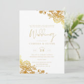 Goldene Spitzen Weiße Hochzeit Einladung Elegante (Stehend Vorderseite)