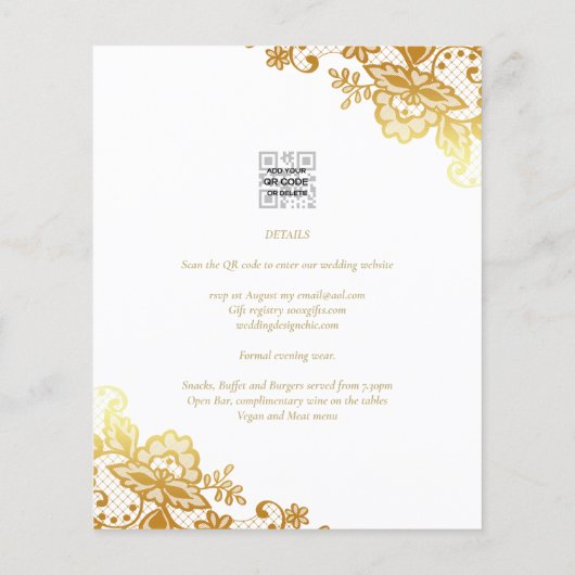Goldene Spitzen Weiße Hochzeit Einladung Elegante  (Rückseite)
