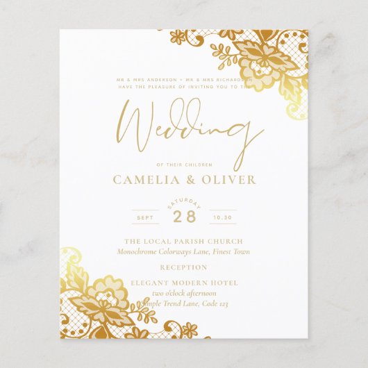 Goldene Spitzen Weiße Hochzeit Einladung Elegante Flyer (Vorne)