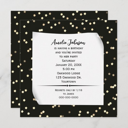 Goldene Stars auf Black Birthday Einladung (Vorne/Hinten)