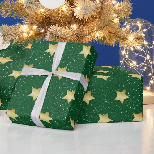 Goldene Stars auf Grün mit Schneeflocken Geschenkpapier (Feiertage)