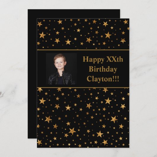 Goldene Stars mit Message-Foto am Schwarzen Geburt Einladung (Vorne/Hinten)