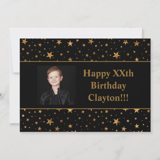 Goldene Stars mit Message-Foto am Schwarzen Geburt Einladung (Vorderseite)
