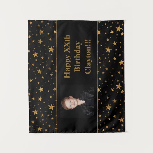 Goldene Stars mit Message-Foto am Schwarzen Geburt Wandteppich (Vorderseite)