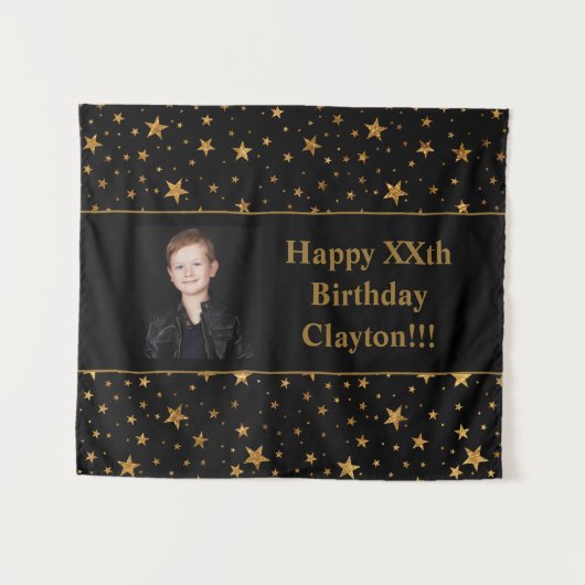 Goldene Stars mit Message-Foto am Schwarzen Geburt Wandteppich (Vorderseite (Horizontal))