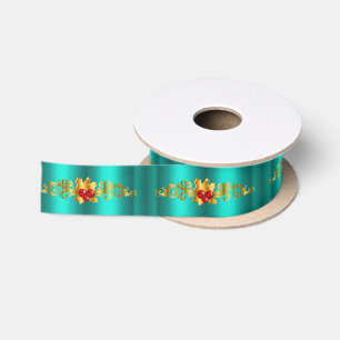 Goldene Stechpalme auf aquamarinem Weihnachten Satinband