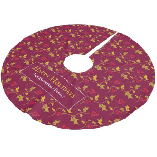 Goldene Stechpalme und rote Beeren Laubmuster indi Polyester Weihnachtsbaumdecke
