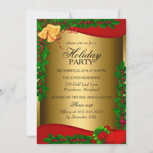 Goldene Stechpalmenblätter Glocken Weihnachtsfeier Einladung