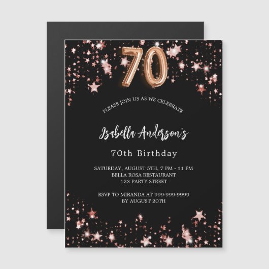 Goldene Stern der Schwarzen Rose Luxus 70. Geburts Magneteinladung (Vorne/Hinten)