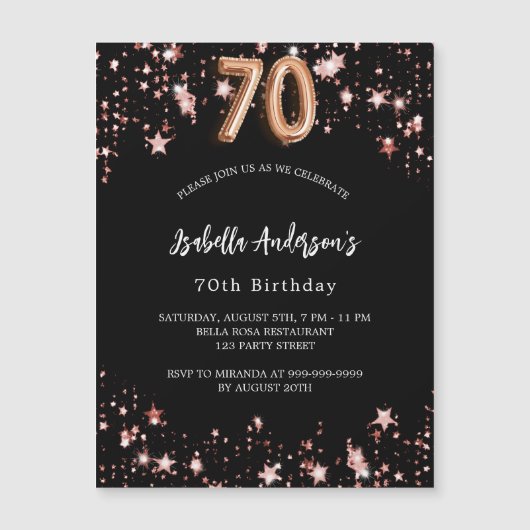 Goldene Stern der Schwarzen Rose Luxus 70. Geburts Magneteinladung (Vorderseite)