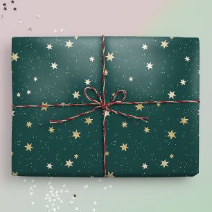 Goldene Sterne auf dem Grünen Himmel Weihnachten Geschenkpapier