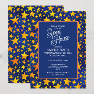 Goldene Sterne auf Navy-Blau Open House Abschlussf Einladung